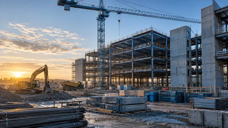 High-rise building under construction at sunrise with a tower crane and excavator