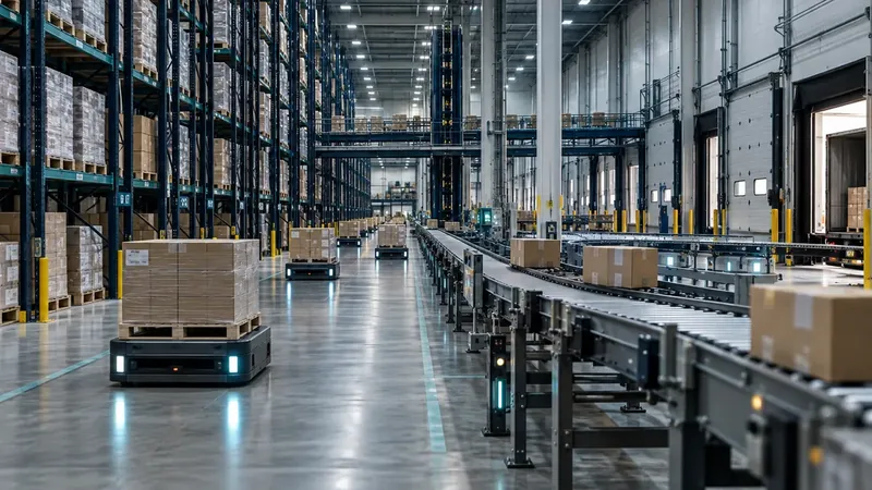 Automated warehouse with robotic pallet movers and a conveyor line
