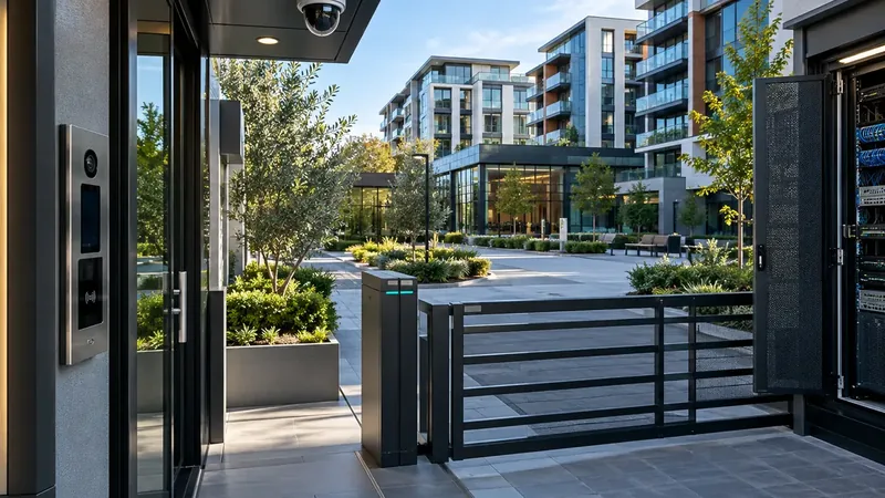 Gated courtyard entrance of a modern apartment complex with a secure access panel