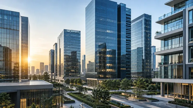 Modern glass office towers in a commercial real estate district at dusk